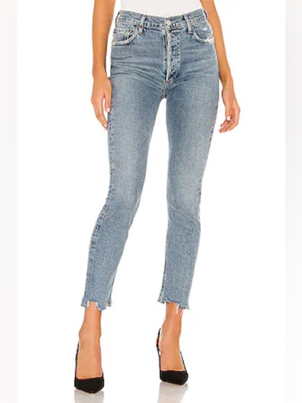 AGOLDE Nico High Rise Slim Fit Jeans Rooted Blue Size 27 Distressed Raw Hem